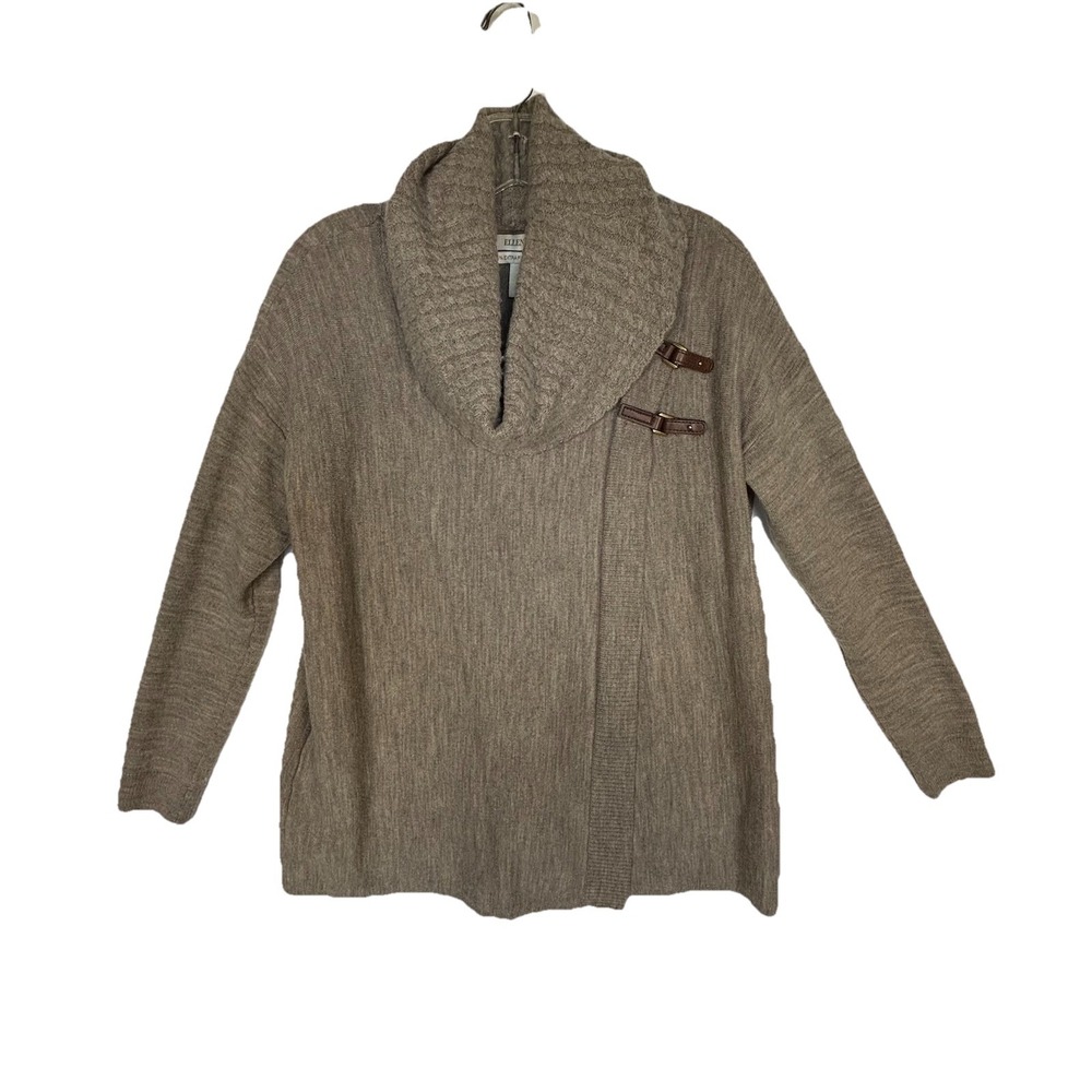 Ellen Tracy Beige Merino Wool Cowl Neck Buckle Accent Pullover Sweater Small